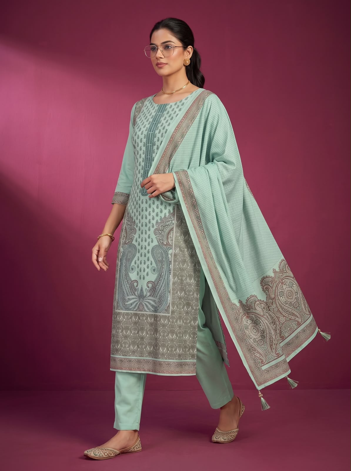 Mint Green Printed Silk Suit Set