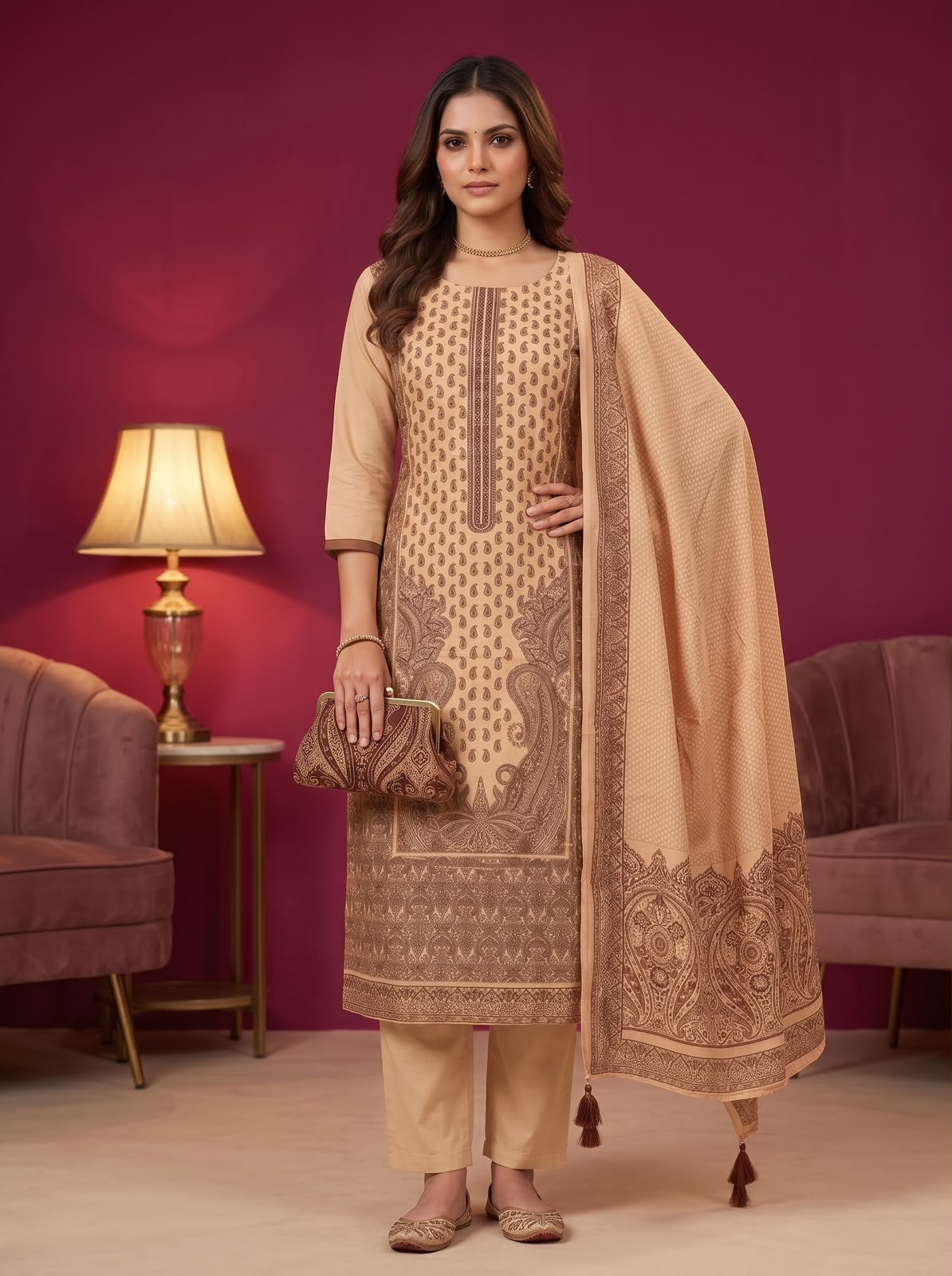 Beige Printed Silk Suit Set