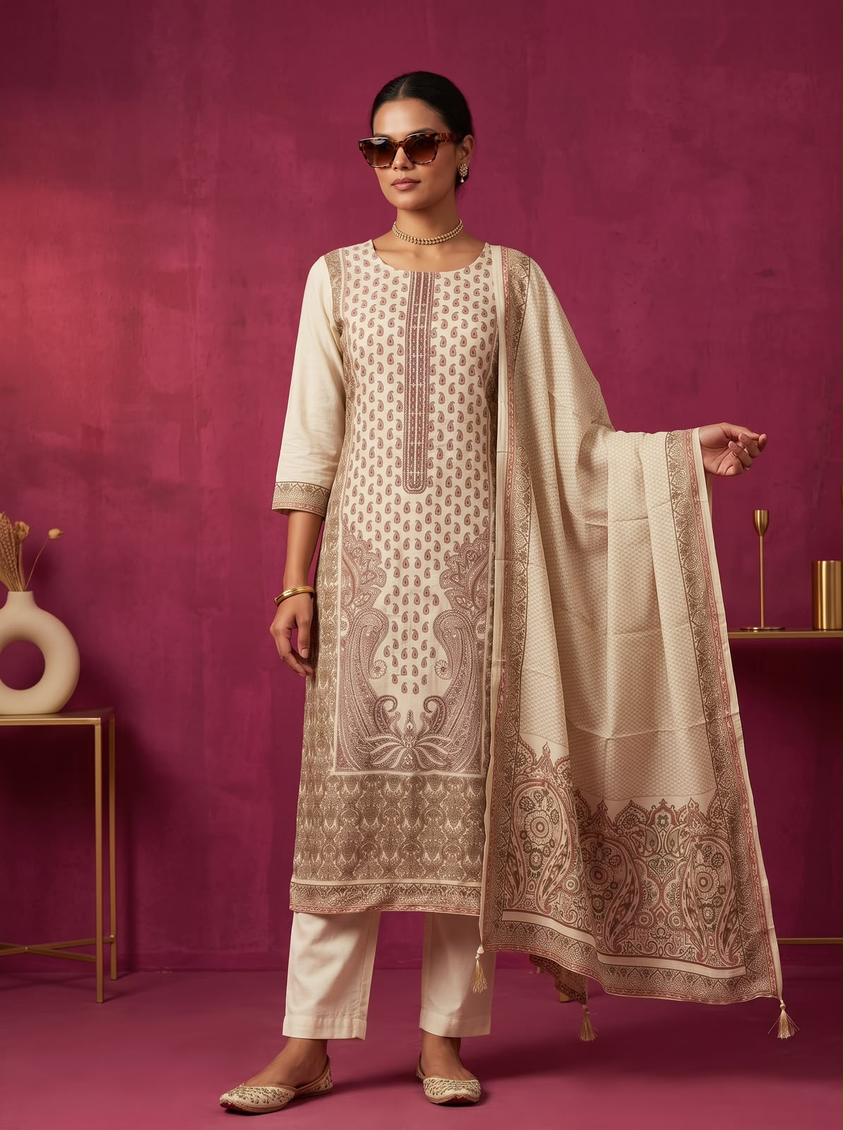 Ivory Printed Silk Suit Set