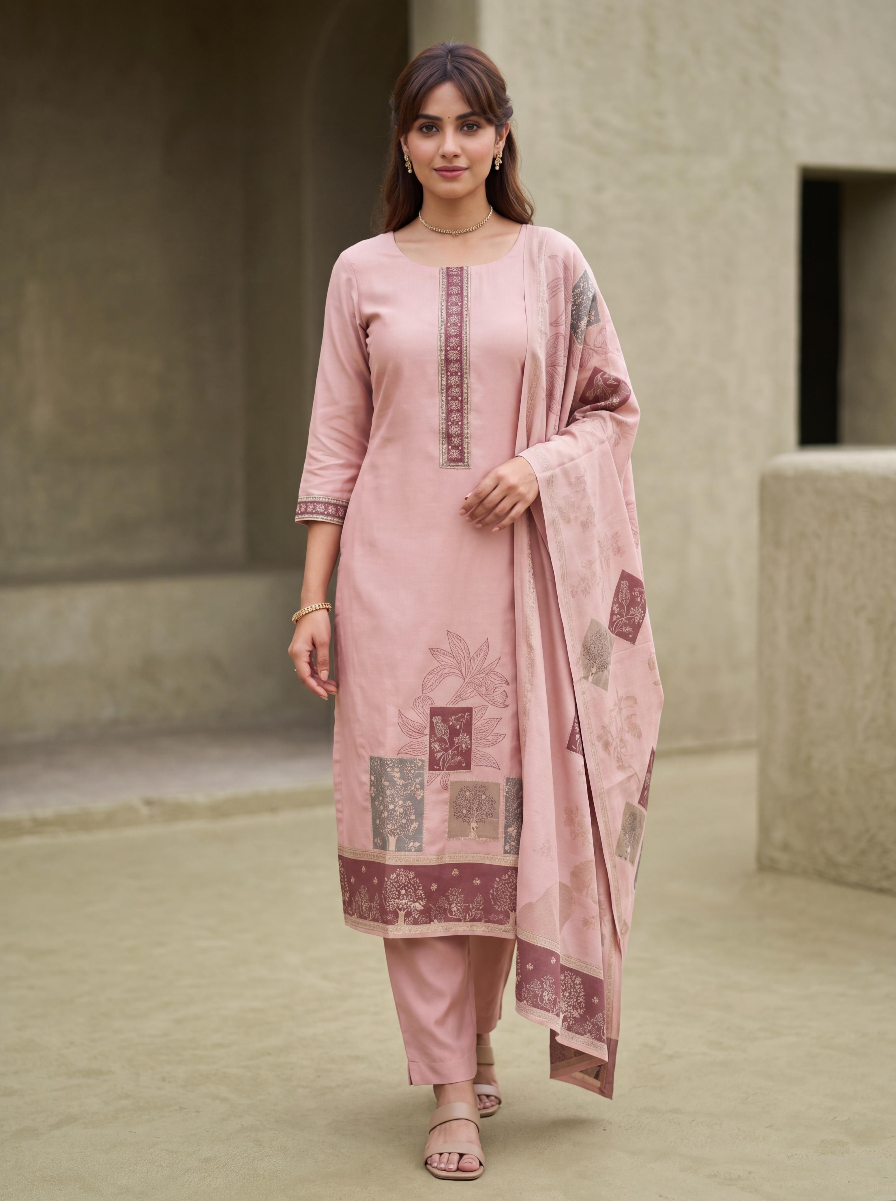 Blush Pink Printed Silk 3-Piece Suit Set